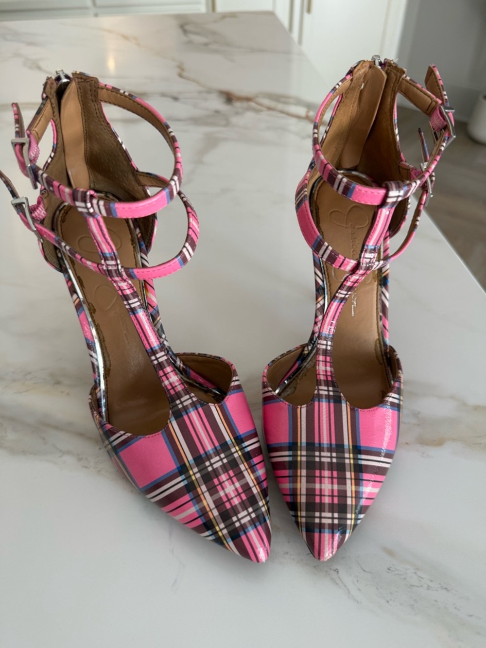 Jessica Simpson Pink Plaid Pointed-Toe Triple-Strap Heels